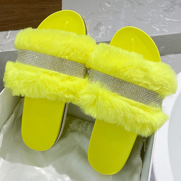 Shiny Rhinestone Luxury Fur Slides
